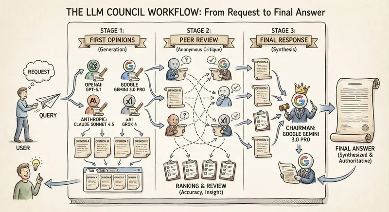 Infographic of the LLM Council Workflow from Andrej Karpathy
