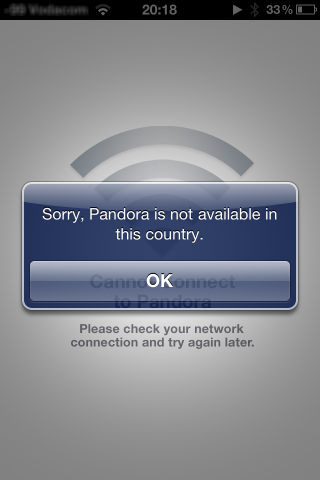 iPhone Screen showing Pandora not Available in your Country.