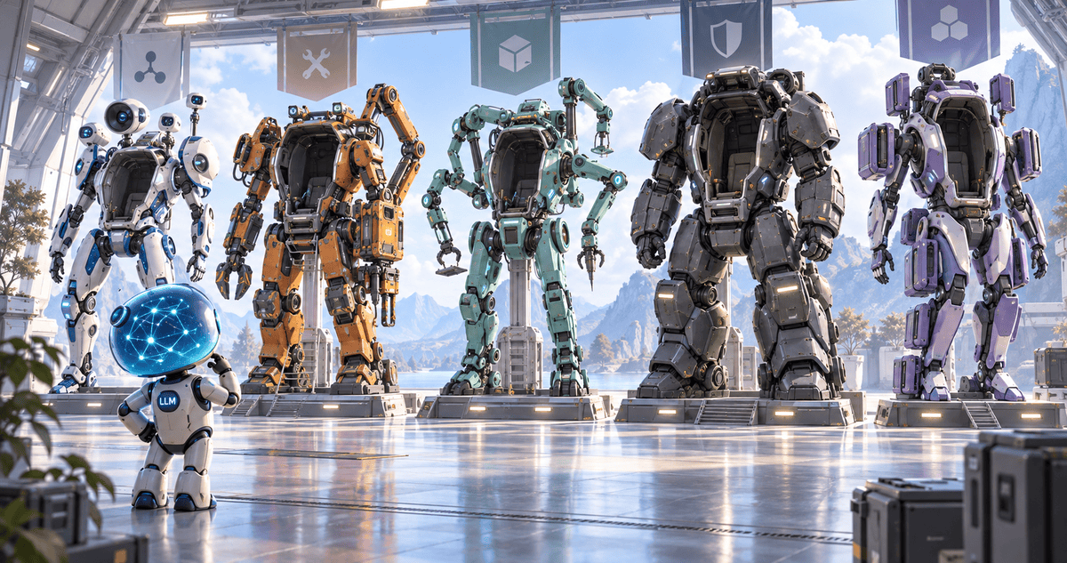 A small LLM character considers five empty Mecha-Suites, illustrating the choice of an AI agent harness.